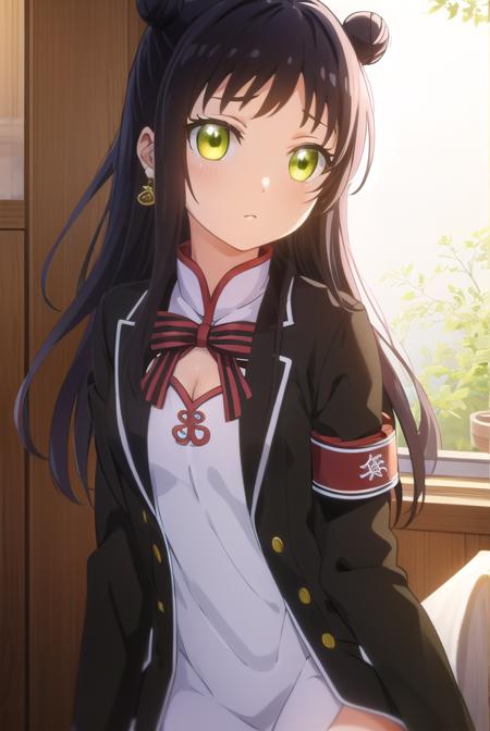 teriawang, <lora:teria wang s1-lora-nochekaiser:1>,
teria wang, long hair, black hair, (green eyes:1.3), hair bun, double bun,
BREAK dress, earrings, chinese clothes, armband, bow, school uniform, jacket, striped, white dress,
BREAK indoors, classroom,
BREAK looking at viewer, (cowboy shot:1.5),
BREAK <lyco:GoodHands-beta2:1>, (masterpiece:1.2), best quality, high resolution, unity 8k wallpaper, (illustration:0.8), (beautiful detailed eyes:1.6), extremely detailed face, perfect lighting, extremely detailed CG, (perfect hands, perfect anatomy),