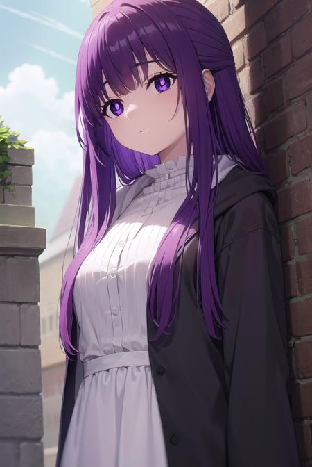 fern, long hair, bangs, (purple eyes:1.1), purple hair, sidelocks, blunt bangs, (bright pupils:1.5), half updo, shirt, dress, jacket, white shirt, open clothes, hood, white dress, hood down,