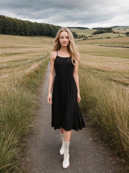 Adult woman, slim build, outdoor setting, (long wavy blonde hair), black detailed dress, silver wrist accessories, black ankle boots, overcast sky, roadside with grass, tranquil, natural daylight. standing  <lora:muscle_slider_v1:2.8> <lora:breastsizeslideroffset:-1.5> <lora:è¸é¨è°æ´:-2>