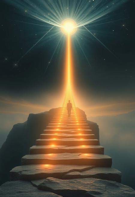The Journey of the Soul ,  solitary figure walking toward the horizon, glowing cosmic energy, ethereal staircase leading to the heavens, surreal floating landscapes, soft glowing light, minimalist, environmental art, land art, simple forms, nature integration, conceptual, memory, history, organic materials, earth, stone, water, subtlety, contemplation, abstraction, emotional depth, landscape harmony, public art, reflection