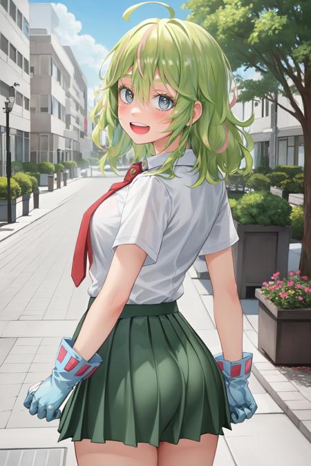 TooruU1, 1girl, solo, looking at viewer, green hair, blush, green eyes, messy hair, medium hair, medium breasts,bangs, hair between eyes, smile, gloves, ahoge, blue gloves, multicolored hair, shirt, school uniform, white shirt, necktie, red necktie, skirt, pleated skirt, collarbone, collared shirt, green skirt, u.a school uniform, short sleeves, swewat, v, outdoors, day, clouds, buildings, school, trees, bushes, standing,  looking back, from behind, ass focus,  open mouth, :d, teeth,
BREAK
masterpiece, best quality, highly detailed background, perfect lightingbest quality ((shiny skin, glossy skin, detailed skin)),
 <lora:TooruU1:0.8>