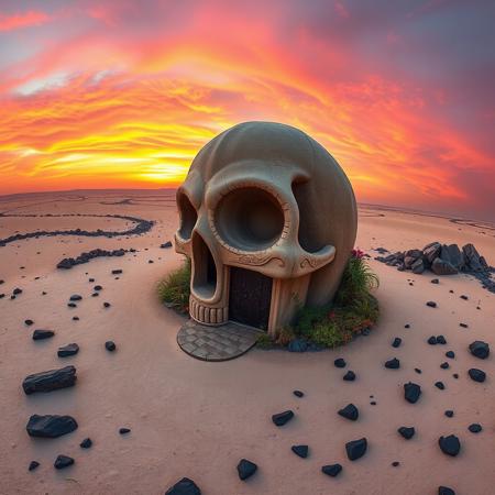 wide angle landscape image of an intricately designed, gothic-inspired house shaped like a human skull, with a grand, ornate entrance in its mouth and two circular windows resembling eyes. It stands alone on a dry dusty plain with hues of grey-white, littered with jagged black rocks. The  house's surface is decorated with subtle, eerie carvings and intricate stonework, a neat garden surrounds the house, with vibrant, curly vines and exotic flowers, as the sky above is set aflame by a vivid, pink-orange-purple sunset, casting a warm, golden glow over the entire scene