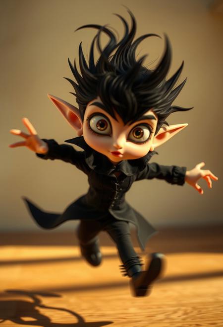 Dynamic in motion, a whimsical character with blurred lines and action poses. Gothic undertones, big expressive eyes, spiky black hair, exaggerated features, pointed ears. Black tailored outfit with laced patterns, Victorian fashion. Eerie atmosphere, warm sunlight, muted background, minimalist setting, dramatic shadows, stylized and playful.