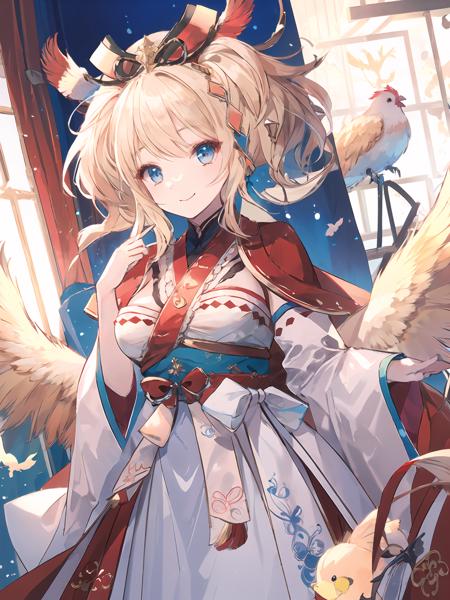 masterpiece,best quality,highres,cinematic lighting,dramatic angle,<lora:ResplendentPhoenixV1:0.8>,1girl,light blonde hair,twintails,hair ornament,ribbon,bowit,eblue eyes,looking at viewer,white dress,detached sleeves,red skirt,folding fan,hand fan,wide sleeves,wings,happy,birds around,shy,smile,fat chicken,chickenform,birdform