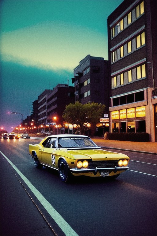 The racing car on the street, night lights, 1970, midnight, megapolis