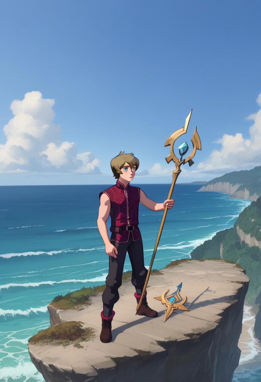 Score_9, Score_8, Score_7, TDPStyle, TeCal, Blond Hair, Messy Hair, Medium Hair, Sleeveless Vest, Red Vest, Blue Eyes, standing on cliff edge, Ocean, Golden Trident