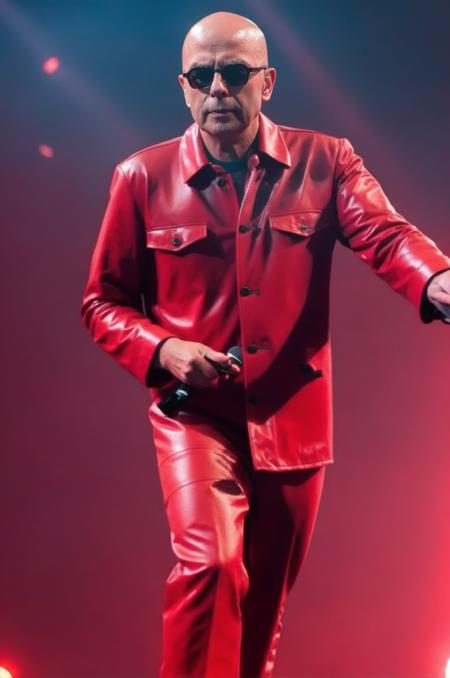 photo of sks man with a microphone in the hand, without hair, red leather suit, over the stage, neon lights in the background, 8k, high detailed<lora:ind1o:0.9>