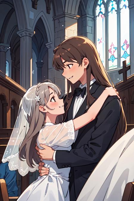 masterpiece,best quality,2others, couple, 1man with 1woman, mature, Height difference, different hair color, happy, love, hug, upper body, long hair, brown hair and silver hair, fantasy, Church Wedding, looking at each other,scenery,