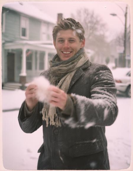 candid polariod photo of de4n man having a snowball fight on winter town street, snow, blizzard, windburned skin, nose blush, flushed pale skin, scarf, windy, dynamic pose, motion blur <lora:de4n-realvis-00:0.8> <lora:Polaroid:0.5> <lora:MJ52:0.5>