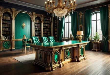A model spaceship, gold highlights, black windows, emeraldmorph, oblong, chisel shaped, wings, rocket boosters, smooth surfaces, sleek, positioned on an antique wooden desk, opulent room, study, library, ultra realistic, hyper detailed, cinematic lighting, highlights, suspenseful atmosphere, RAW, (realistic photo, best quality, detailed), (8k wallpaper), (cinematic lighting, dramatic lighting), (sharp focus, intricate)