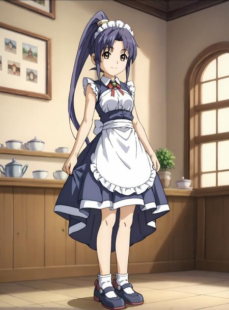 ajiao,Purple hair,ponytail,brown eyes,  yellow and red short sleeve outfit,purple sash,