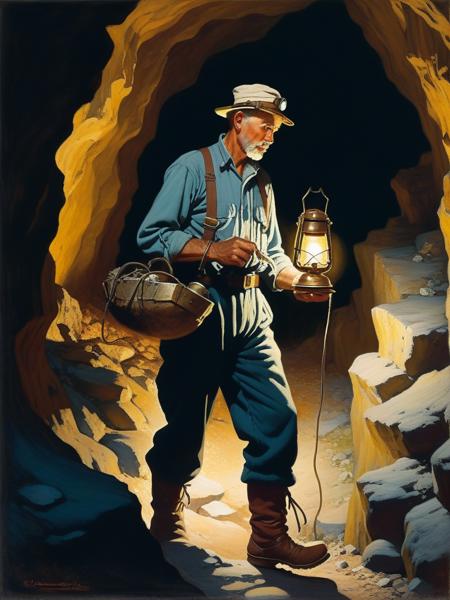 <lora:04Vintageillustration_Hap_XL:3.3>,Norman Rockwell style In the dimly lit depths of the cave, a seasoned miner, equipped with his trusty oil lamp, carefully navigates through the shadows. His steady footsteps echo softly against the rocky walls as he ventures deeper into the unknown. colonizer geologist dress code, gold nuggets, deep cold shadows,