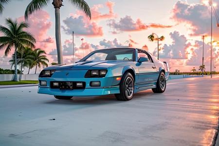 camaroirocz a blue car parked on the side of a miami ocean drive at dusk, high resolution, high quality, intricate detail, very sharp <lora:hjcamaroirocz_v20:0.8>