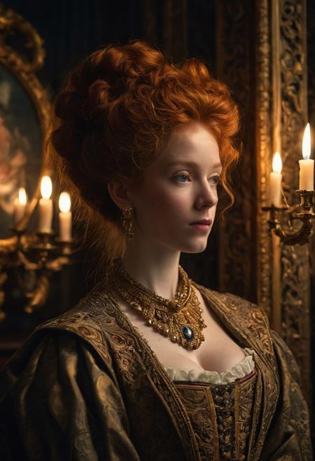 Ultra realistic,, Surrealism, Mid-shot, 2/3 face angle, Neo-Victoriana portrait. Bust. A redhead woman in a long, intricately detailed coat with a large, ornate waist belt, standing in a dimly lit, luxurious parlour. Soft focus. Inspired by the Pre-Raphaelite Brotherhood and oil painting. Golden light shining through a nearby candelabra, casting intricate shadows on her face. Rich, muted colours and textures. Moody, warm colour scheme with deep shadows. Luxurious, high society, detailed, 18th century, mysterious, ornate, intricate, dark academia, vintage, elegant, refined, best quality.