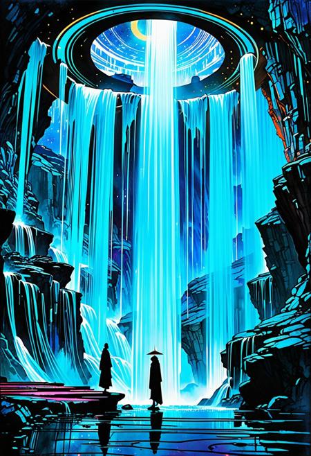 Graphic, digital Illustration. (Artistic perspective) 3 cloaked figures stand on a floating portal, irregular stone rings suspended above a futuristic city. (((the hovering rings in the sky are gushing glowing waterfalls))), brush strokes and streaks of ink are visible, rich vibrant colors, stark contrasts,  liquid, unreal parts, alluring, fluid, perfection, two moons in the night sky, one is translucent. Intricate background (Alphonse Mucha), Illustration (Bill Sienkiewicz:1.5), maximum detail, 4K, hyperrealistic. charcoals, watercolor and ink technique. Include deep rich dark blues, luminous neon highlights, ((Masterpiece)), (cinematic composition), resplendent lighting