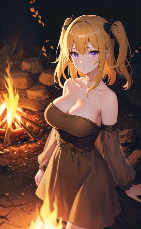 masterpiece, best quality, aesthetic, 1girl, solo, purple eyes, yellow hair, two side up, brown dress, strapless dress, large breasts, (cowboy shot), looking at viewer, (campfire), cinematic lighting, professional shadow