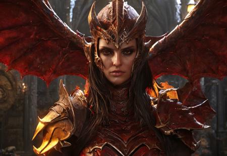 armored succubus, photorealistic a masterpiece, 8k resolution, dark fantasy concept art, by Greg Rutkowski, dynamic lighting, hyperdetailed, intricately detailed, Splash screen art, trending on Artstation, deep color, Unreal Engine, volumetric lighting, Alphonse Mucha, Jordan Grimmer, red and yellow complementary colours
