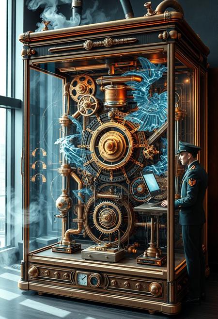 Inside of its glass case a fantastical steampunk quantum computer bends time and space. Beams of energy swirl and dance around the intricate clockwork gears and cog wheels. Steam issues from a bank of pipes along the top of the cabinet. Outside of the case a steampunk engineer, resplendent in his uniform, stands at a keyboard to one side. This striking steampunk image, envisioned as a high resolution digital image, showcases the machine's ornate design and cutting-edge functionality. Every detail is meticulously rendered, creating a visually stunning masterpiece that captivates the viewer with its intricate beauty and technological brilliance.