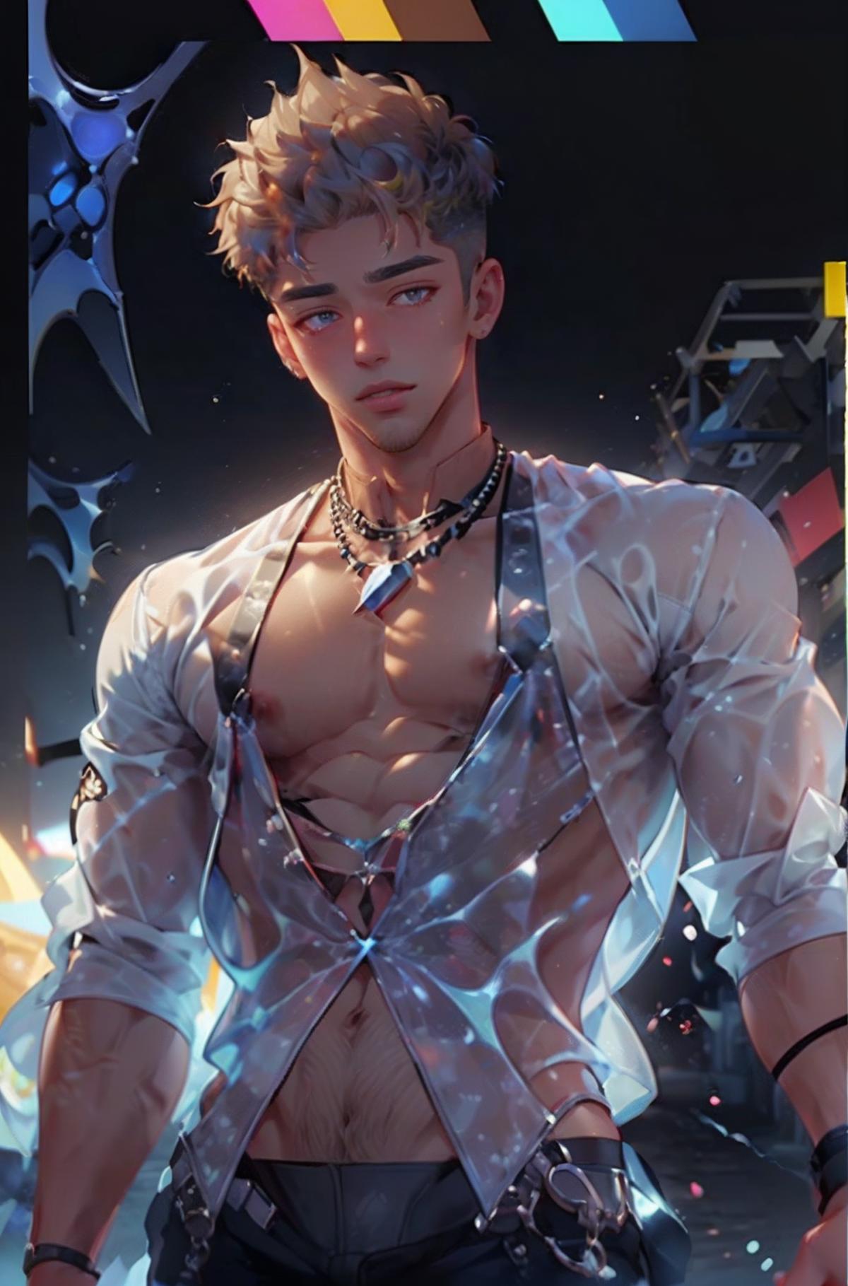 Anime drawing of a shirtless man with a chain around his neck, wearing a white shirt.