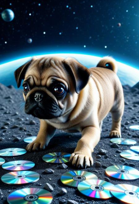 made of cd's, (Countless CDs:1.3), closeup cute small pug puppy, from side, on cd planet ground, spaceship, space background, cinematic, cinematic lighting, (masterpiece, best quality:1.4), ultra-high res, 4k, Photorealistic, insanely detailed, sfw,