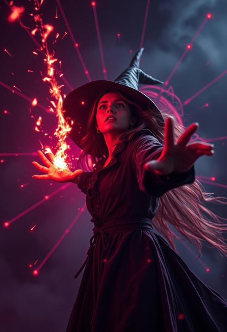 A cinematic full body shot of a female, nice witch, powerful spells and sparks and flames emerging from her hand, layered red and purple lines.  eldritch symbols in the background. Looking at viewer. She is flying in the air and looking up at the sky, enjoying her power. Use subtle red starburst and bokeh elements, with enhanced volumetric lighting to create a vibrant, high-contrast scene. Ensure the image maintains a surreal, emotionally impactful atmosphere in 8k resolution with intricate skin texturing. Angry. Ultrarealistic. absurdres.
