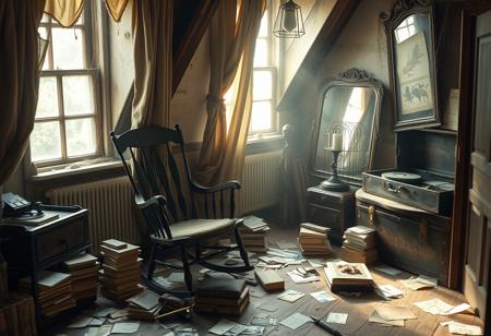 Captured with a Canon EOS R5, the scene features soft ambient light diffused through dusty attic windows. An old rocking chair sits among scattered relics—faded postcards, crumpled letters, and stacks of forgotten books.
A torn velvet curtain sways with the breeze, filtering light into the space. The air is thick with the scent of aged wood and musty paper. A phonograph stands in the corner, its needle poised above an untouched record, waiting to play a tune from another time. A chipped porcelain teacup sits abandoned on a nearby table, beside a dried-out fountain pen. A wooden trunk, its brass hinges tarnished with time, sits ajar, revealing delicate lace dresses and forgotten love letters tied together with frayed ribbon. Cobwebs cling to the corners of an antique mirror, distorting reflections like ghostly echoes of the past. The floor creaks underfoot, as if whispering forgotten names, while an empty birdcage, its door ajar, hints at something once treasured but now lost to time.