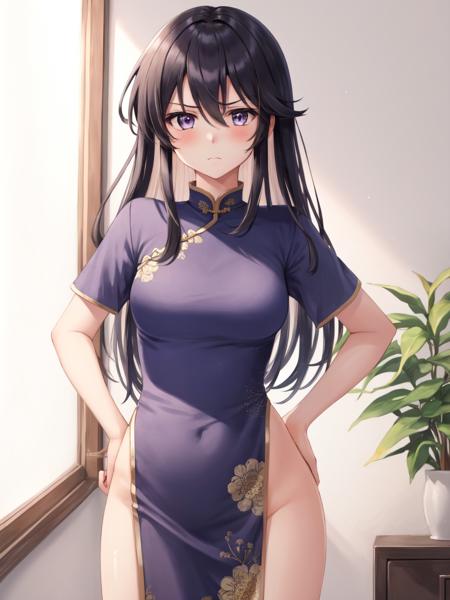 <lora:Ayra_FE-10:0.8>, ayra fe, 1girl, solo, breasts, looking at viewer, blush, bangs, indoors, dress, hair between eyes, medium breasts, closed mouth, standing, short sleeves, thighs, hand up, hand on hip, no panties, frown, chinese clothes, china dress, pelvic curtain, purple dress