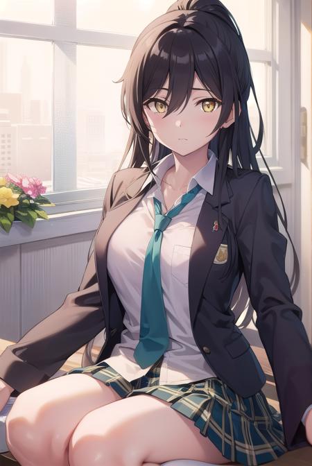 sakuyashirase, <lyco:sakuyashirase-lyco-nochekaiser:1>,
sakuya shirase, black hair, hair between eyes, long hair, ponytail, (yellow eyes:1.5),
BREAK collarbone, green necktie, green skirt, necktie, open collar, plaid, plaid skirt, pleated skirt, school uniform, shirt, skirt, white shirt,
BREAK looking at viewer, full body,
BREAK indoors, classroom,
BREAK <lyco:GoodHands-beta2:1>, (masterpiece:1.2), best quality, high resolution, unity 8k wallpaper, (illustration:0.8), (beautiful detailed eyes:1.6), extremely detailed face, perfect lighting, extremely detailed CG, (perfect hands, perfect anatomy),