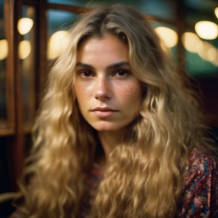 <lora:sohniahmed_lora_sdxl:1> sohniahmed analogue photo, beautiful woman, close up framing, age 30, with long blonde hair, wearing a dress, seated, being interviewed, cinematic lighting, eye level, shot on Leica M3, Fujicolor Pro, vignette, in style of Alex Timmermans