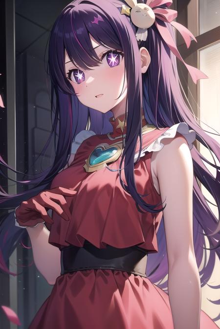 aihoshino, <lora:aihoshino-lora-nochekaiser:1>,
ai hoshino, hair between eyes, hair ornament, hair ribbon, long hair, one side up, (purple eyes:1.1), purple hair, rabbit hair ornament, (star-shaped pupils:1.5), symbol-shaped pupils,
BREAK belt, black belt, brooch, dress, pink dress, frilled dress, frilled gloves, frills, gloves, heart brooch, idol, idol clothes, jewelry, pink gloves, red ribbon, ribbon, turtleneck dress,
BREAK looking at viewer,
BREAK indoors,
BREAK <lyco:GoodHands-beta2:1>, (masterpiece:1.2), best quality, high resolution, unity 8k wallpaper, (illustration:0.8), (beautiful detailed eyes:1.6), extremely detailed face, perfect lighting, extremely detailed CG, (perfect hands, perfect anatomy),