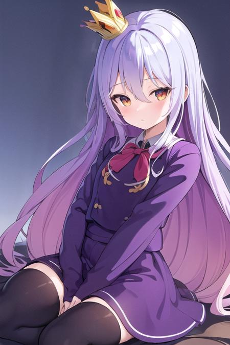 ((masterpiece, best quality)), (ultra-detailed:1.2), <lora:MaismansShiroLora:0.6>, Shiro, shiro_(no_game_no_life), No Game No Life, purple clothes, long hair, purple thighhighs, long hair, 1girl,  blurry background, (crown), very_long_hair, blue background, (lying),