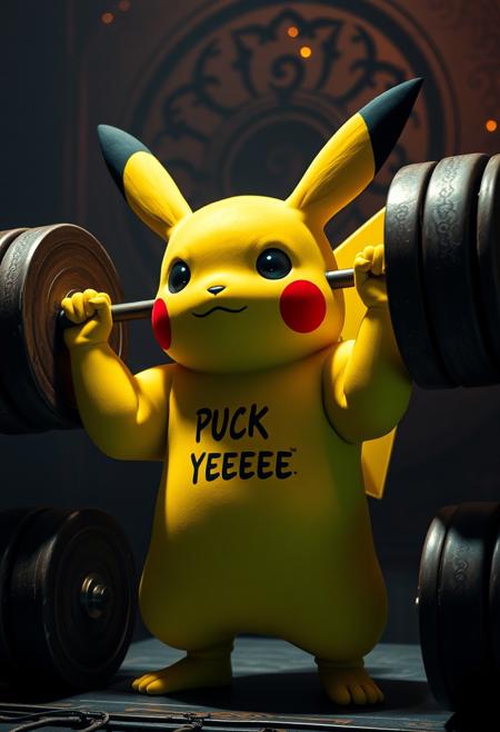 Pokemon Pikachu lifts a huge 100 ton barbell, the size of a rock, he's pumped up, he's got super muscles, super muscles, a huge strong chest, strong legs and arms. He has "PUCK YEEEE" written on his chest.
it, moody, mysterious, extravagant, ornate, designer, opulent, picturesque, lavish, RAW candid cinema, 16mm, color graded portra 400 film, remarkable color, ultra realistic, textured skin, remarkable detailed pupils, realistic dull skin noise, visible skin detail, skin fuzz, dry skin, shot with cinematic camera