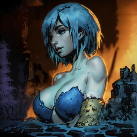 portrait, impressionistic painting by John Longstaff, DarkestDungeon, (DDAreaCove, DDHeroAfflicted, (thatch hut, shipwreck), idol, stone statue, cave, blue sky, sewer grate), 1girl, (nsfw, naked, bare breasts, winking, covering breast with one hand), (ghost, short cyan hair, frozen skin, (translucent skin, transparent skin, skin giving off blue glow)), cleavage, armour, bare breasts, huge breasts, confident smirk, bare arms, exposed shoulders, small shoulders, exposed thigh, seen from the side, huge ass, resting breasts bigger than her head on crossed arms, monster tits), (extremely dark), (rimlight, intense highlight, bright light behind her), masterpiece, best quality, cinematic composition, vibrant, best lighting