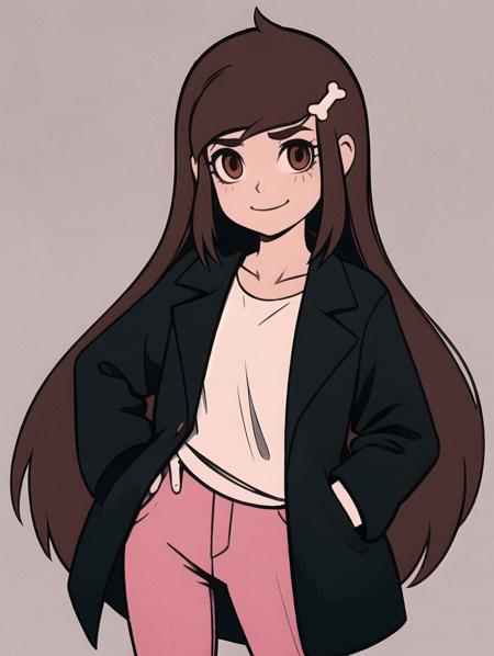 1girl, mariposa diaz, very long hair, brown hair, black coat, white shirt, bone hair ornament, smile, pink pants, hand in pocket,