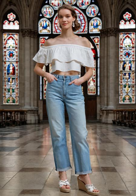 fashion photography (full body shot:1.1), pale skin ohwx woman Off-the-shoulder linen top White boyfriend jeans Wedge sandals Pearl stud earrings Romantic yet casual with flowing fabrics. Notre Dame Cathedral Indoors Middle of nave Stained glass windows Symmetry Surrounded by sculptures and art Natural light through rose window shot on Nikon Z6 Nikon Z 85mm f/1.8 S F/2.8, 1/125s, ISO 100, in style of Petter Hegre
<lora:ErinEverheart_SDXL_v1.0b:1>