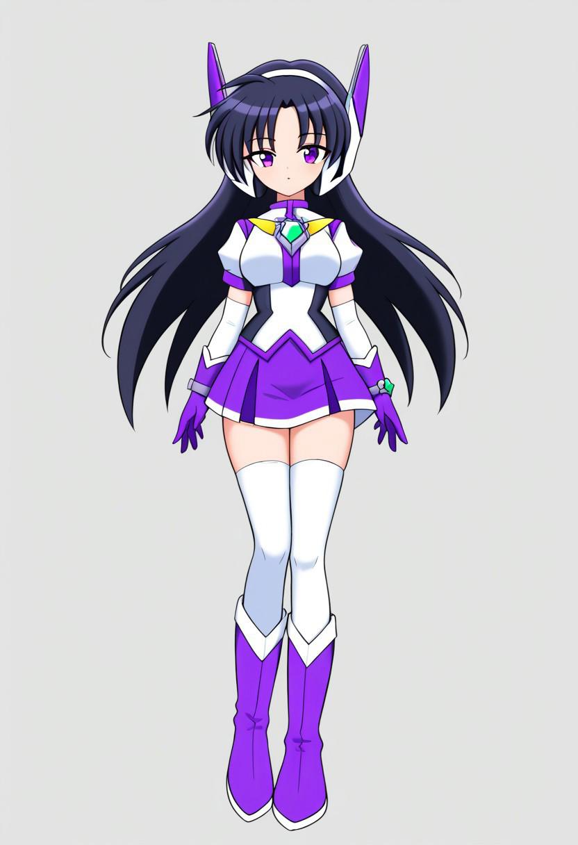 score_9, score_8_up, score_7_up, source_anime, good anatomy,purpswa, 1girl, solo, black hair, long hair, purple eyes, purswaoutfit, white and purple shirt, raised collar, white hairband, white and purple headphones, white and purple glove, wristband, green gems, purple skirt with white trim, miniskirt, white thighhighs, zettai ryouiki, white and purple boots, standing, full body, from side, side view