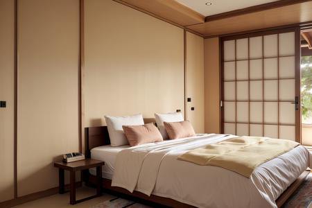 (interior:1.2), japandi style, bedroom, 