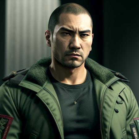 taiga saejima, green jacket, black shirt, looking at camera <lora:saejima:.5>, realistic, photo, high quality