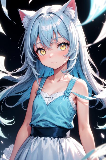 enchanting-look best-quality aesthetic detailed 1girl solo light-blue-hair yellow-eyes cat-ears white-dress collarbone sleeveless long-hair upper-body standing cinematic white-theme bloom light-bloom glow blue-theme