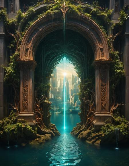 by Gustave Dore and Ellen Jewett, hyper realistic medium full shot photo of  a (mystical portal opening in the middle of a bustling city, revealing a hidden realm of enchantment:1.1),  (aquatic , vivacious , masterful:1.4), poster art, bold lines, hyper detailed, award winning,  dark limited color palette, high contrast, depth of field, (intricate details, masterpiece, best quality:1.4)
laser lighting,  looking at viewer, dynamic pose, wide angle panoramic view,
<lora:add-detail-xl:0.5> <lora:xl_more_art-full_v1:0.5> <lora:looking_at_viewer:2>