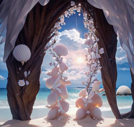 delicate scene, sky,white clouds,and sunlight shine, white beach. flowers roses and shiny large shells, diamond crystal, on the beach, fantasy, sky night , moon, smoke , photo, HD, 8K , realistic, HD, intricate, 8k, highly detailed,fun, sharp focus,