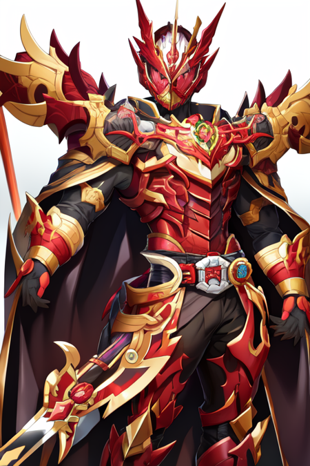 red armor, holding sword, dragon, helmet, tokusatsu, belt, solo