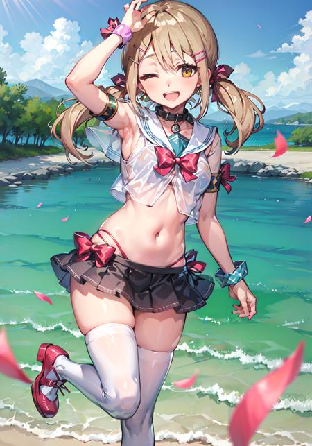 futaba kayano (denonbu), (best quality, 8K, masterpiece, ultra detailed:1.2),
1girl, solo, one eye closed, open mouth, smile, striped thighhighs, navel, wrist cuffs, swimsuit, crop top, skirt, bikini, bow, ;d, see-through, midriff, shoes, striped bikini, looking at viewer, standing, water, sailor collar, red bow, ribbon, earrings, bracelet, armlet, ribbon, petal