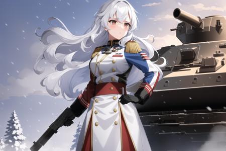 1girl, alpha1918, military clothes, medals, white hair, curls, (tank at background), at full size, boots, armored vehicle, military vehicle, winter forest, snow, snowfall