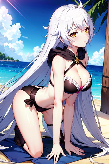 ultra high res,masterpiece,best quality,
1girl,kiana kaslana,white long hair,lace bikini,<lora:Kiana Kaslana-Herrscher of the Void:0.8>,all fours,
outdoors,beach,ocean,sunlight,blue sky,