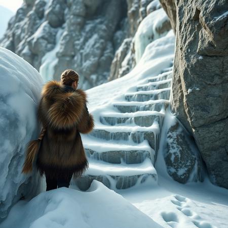 ice-covered stone steps cut in side of mountain, footprints frozen in ice, lovely 25yo woman looking at steps, dressed in animal skins, hair braided