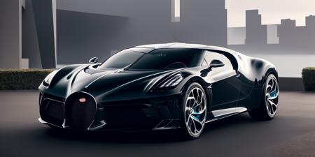 Bugatti La Voiture Noire,masterpiece,Bugatti, highly detailed photorealistic 8k raw photo, best cinematic quality, volumetric lighting and shadows, 1girl driving car, sprktt, futuristic cityscape background, Full shot, shiny and reflective bodywork <lora:Bugatti La Voiture Noire:0.7>