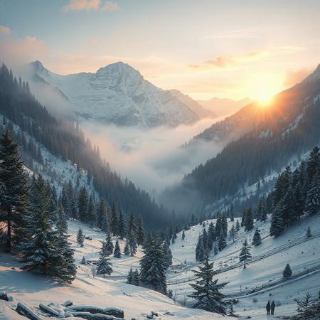 8k, source_photo, source_real, traditional media, real life photo, mountain valley, snow and ice, scattered pine trees, dungeons and dragons, medieval, early morning mist, sunrise,