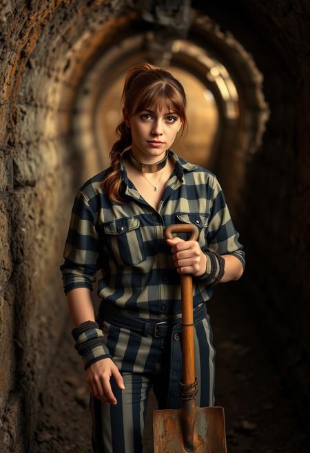 25 year old female convict working in a mine, standing in a tunnel, wrists and ankles shacked, steel collar, prison clothing with black and white stripes, brown hair in a ponytail, shovel in hands