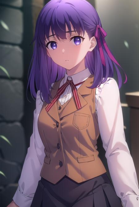 sakuramatou, <lora:sakura matou ubw-lora-nochekaiser:1>,
sakura matou, long hair, (purple eyes:1.1), purple hair, ribbon, hair ribbon, red ribbon,
BREAK shirt, white shirt, collared shirt, long sleeves, neckertie, red neckertie, vest, light brown vest, skirt, black skirt,
BREAK indoors,
BREAK looking at viewer, (cowboy shot:1.5),
BREAK <lyco:GoodHands-beta2:1>, (masterpiece:1.2), best quality, high resolution, unity 8k wallpaper, (illustration:0.8), (beautiful detailed eyes:1.6), extremely detailed face, perfect lighting, extremely detailed CG, (perfect hands, perfect anatomy),